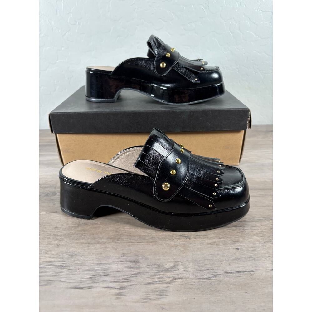 All Black Kiltie Stud Mule Sandal Black‎ Leather Women’s Size 36